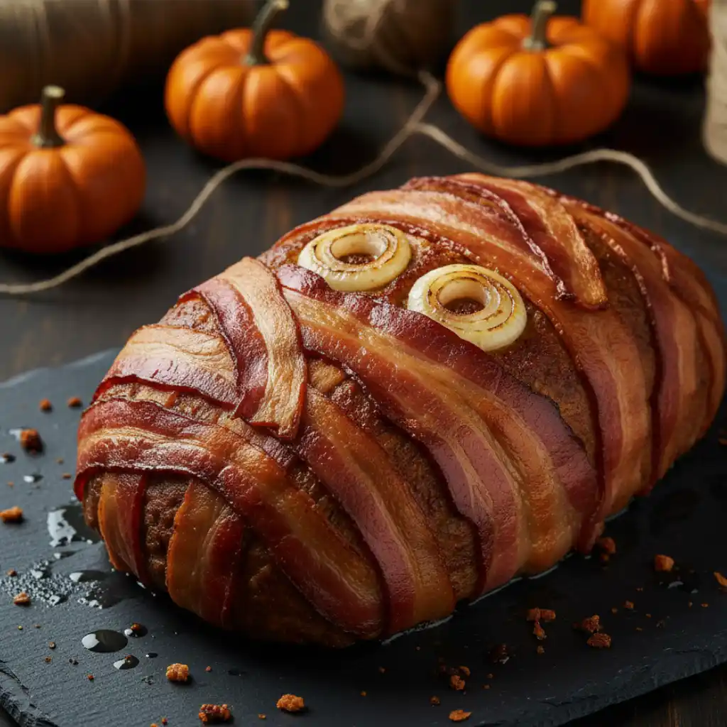 Spooky Good Mummy Meatloaf 4 wrapped Mummy Meatloaf with two onion ring eyes on a black slate board, with small pumpkins blurred in the background.