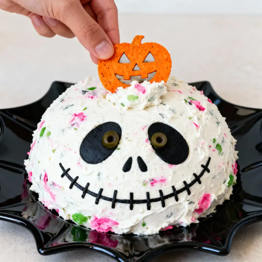 A hand dips a pumpkin-shaped chip into a festive Skellington cheese ball appetizer. This easy Halloween recipe features a cheese ball decorated like Jack Skellington, served on a black bat-shaped plate.