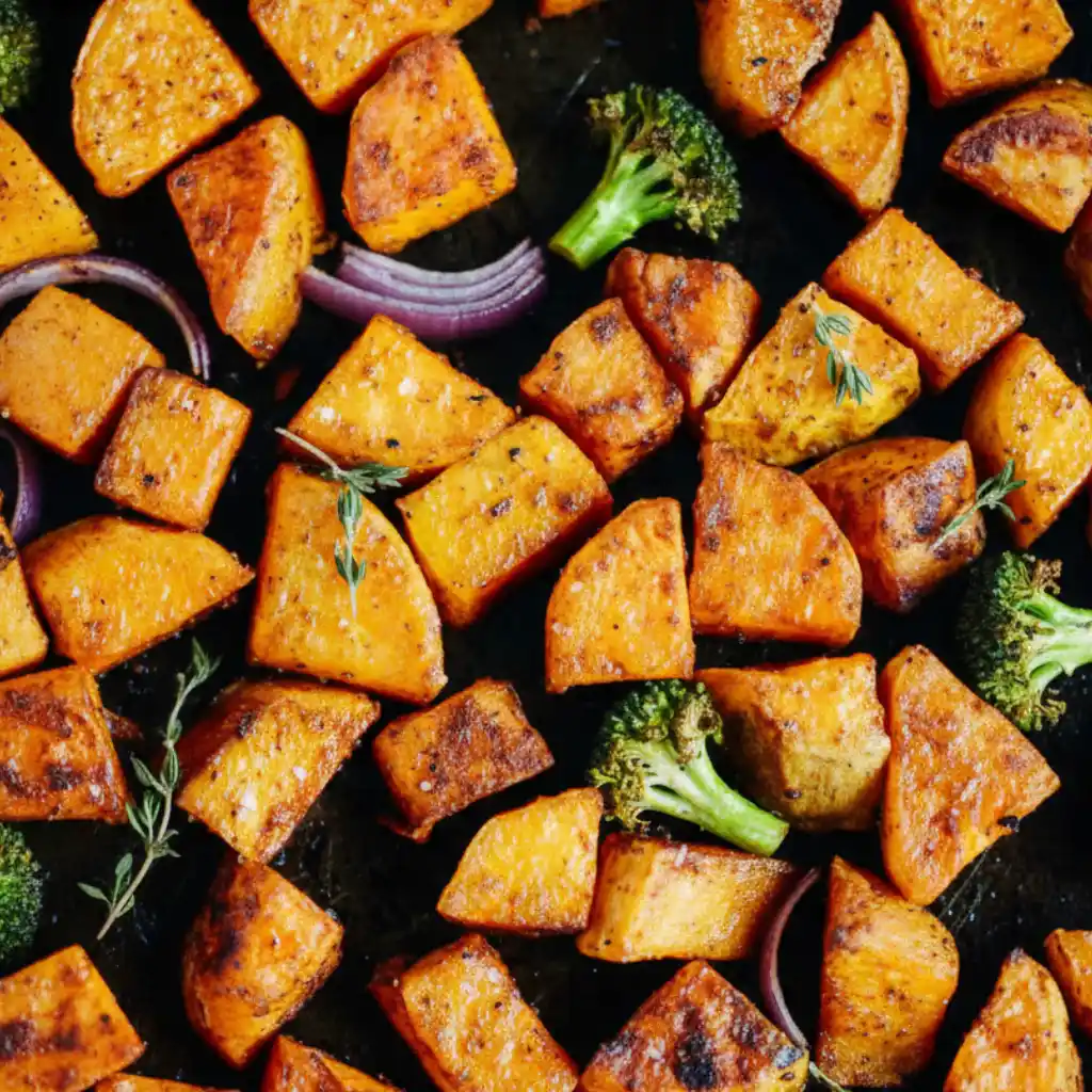 Amazing Sweet Potato Recipes 2 A top-down view of a baking sheet filled with roasted sweet potato cubes, broccoli florets, and slices of red onion.