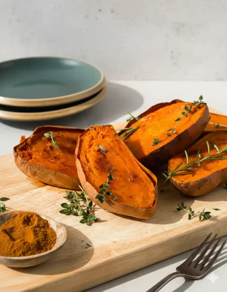 Amazing Sweet Potato Recipes 4 Fluffy, baked sweet potato halves served on a wooden board, garnished with fresh thyme and rosemary.