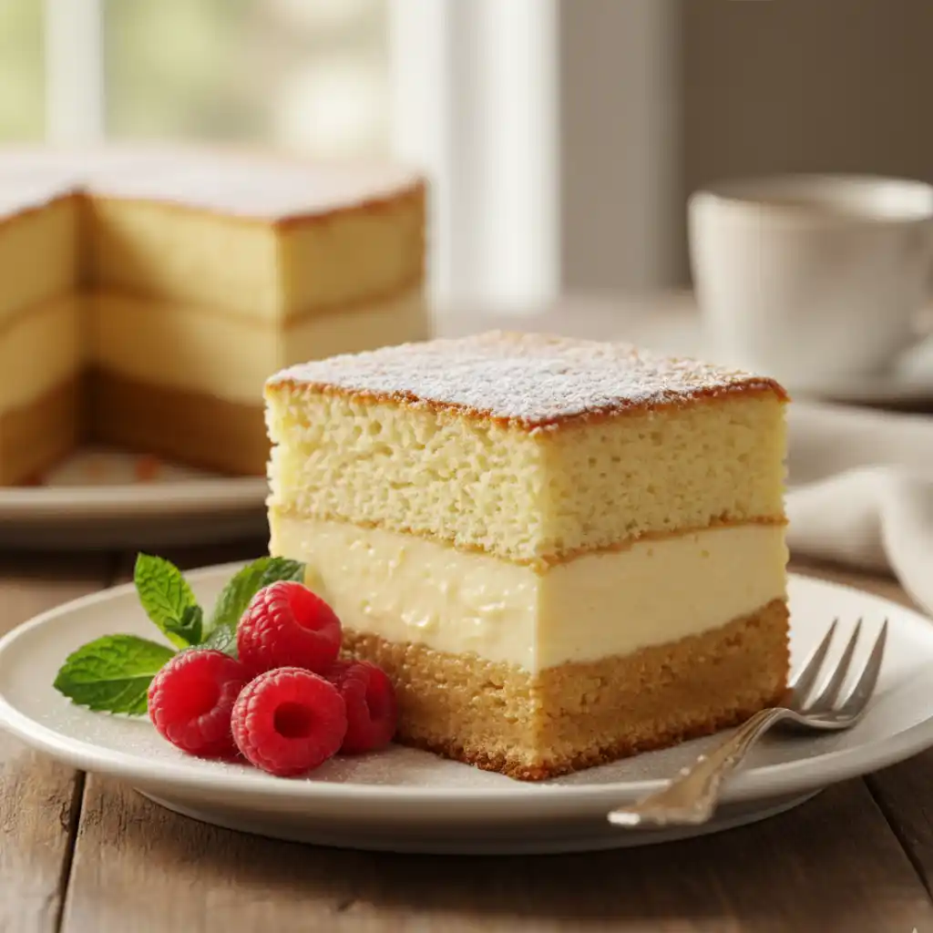 A slice of three-layered Vanilla Magic Custard Cake on a white plate, garnished with fresh raspberries and a sprig of mint.