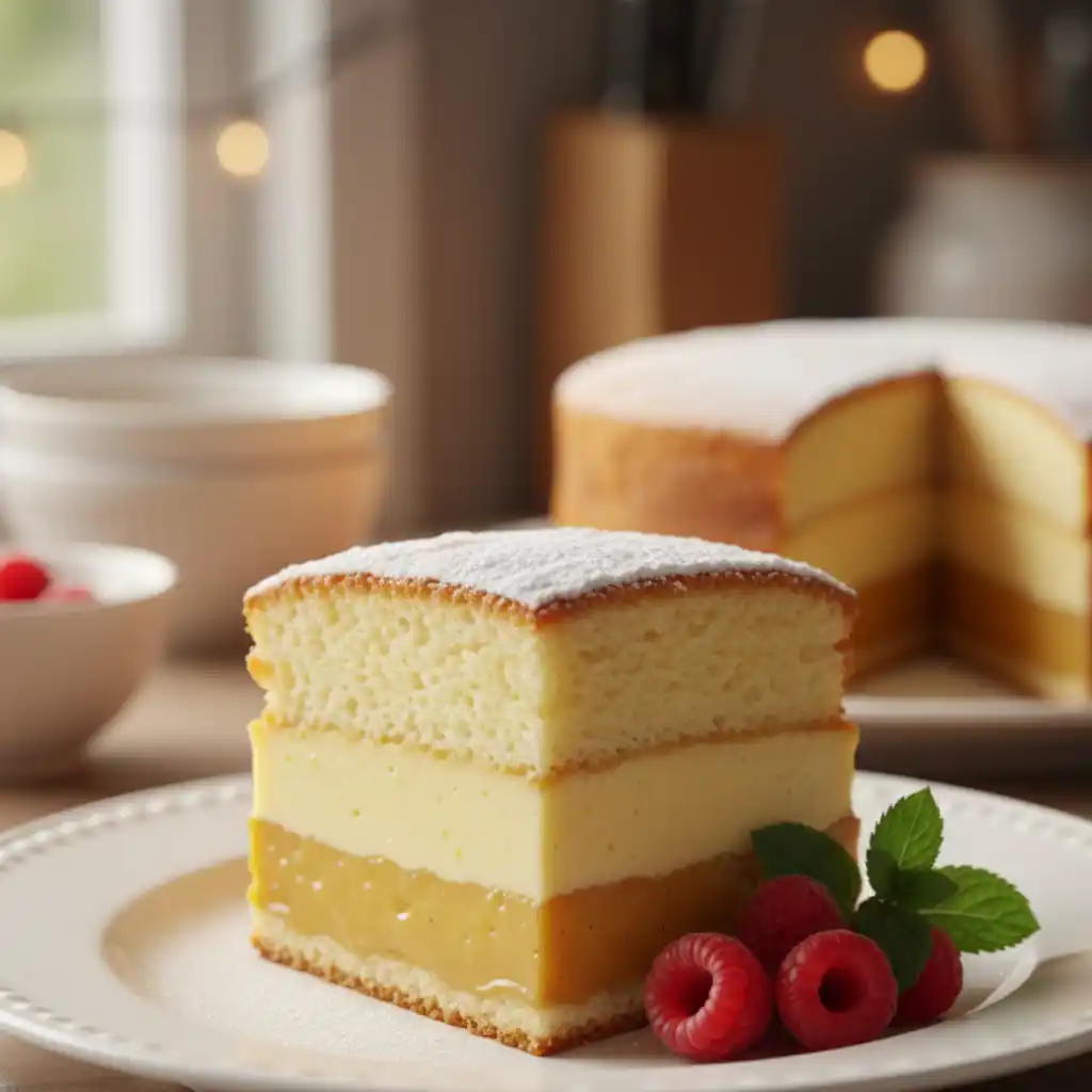Vanilla Magic Custard Cake 2 A slice of a three-layered Vanilla Magic Custard Cake, featuring a gooey bottom layer, a creamy center, and a sponge top, garnished with fresh raspberries.