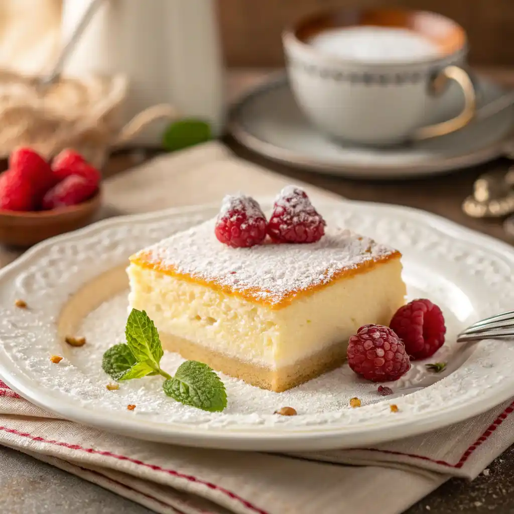 Vanilla Magic Custard Cake 4 A square slice of Vanilla Magic Custard Cake on an ornate plate, garnished with raspberries, mint, and powdered sugar.