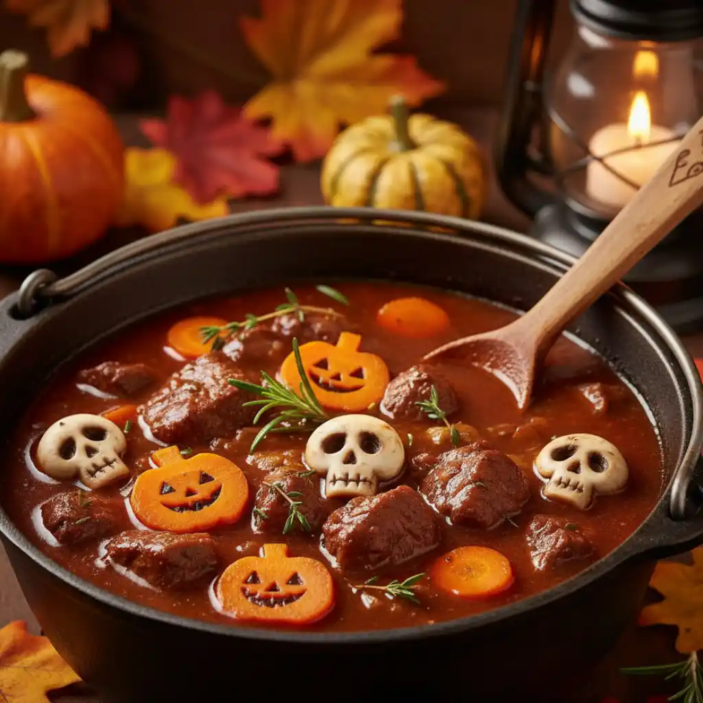 A close-up of a hearty Witch's Cauldron Beef Stew simmering in a black cauldron, featuring fun Halloween shapes like carrot jack-o'-lanterns and mushroom skulls.