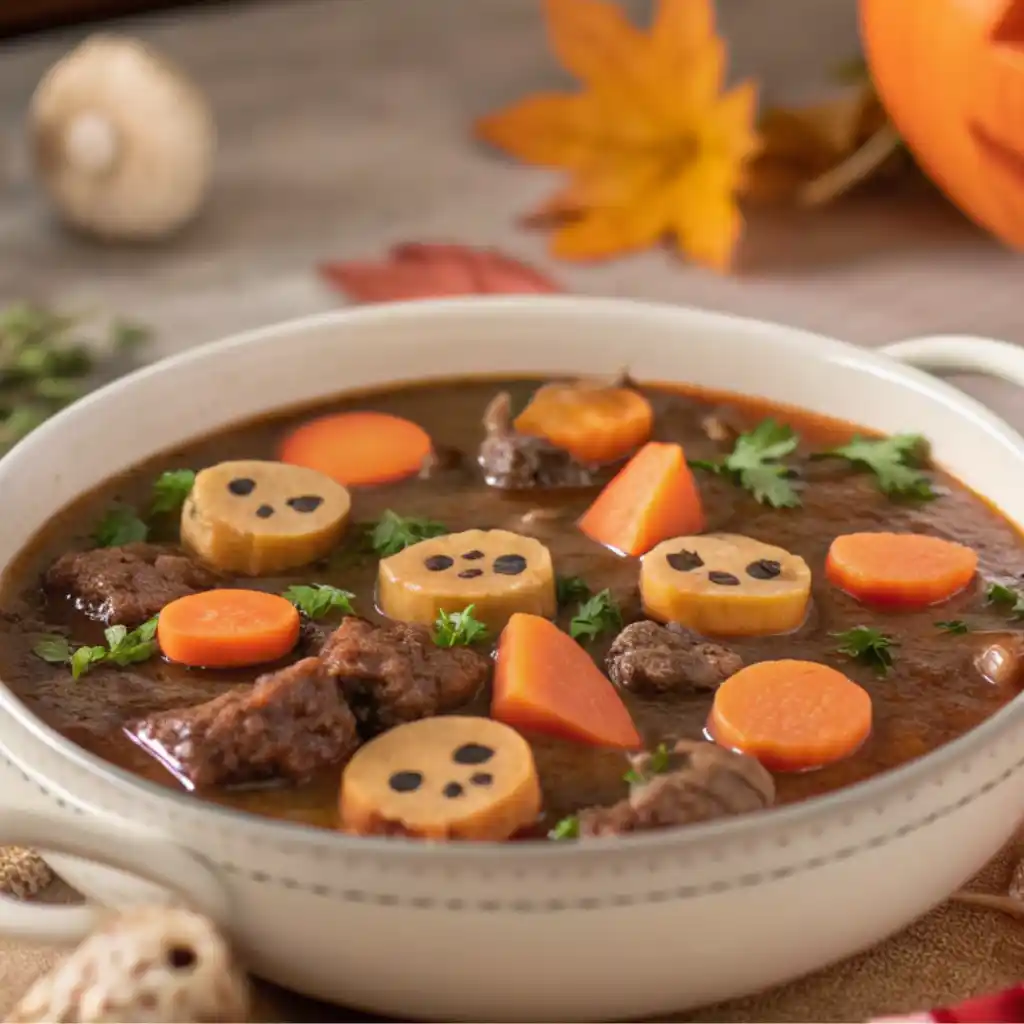 Amazing Witch's Cauldron Beef Stew Recipe 4 A close-up of a white bowl filled with Witch's Cauldron Beef Stew, showcasing beef chunks, carrots, and playful skull-shaped mushrooms with autumn decor in the background.