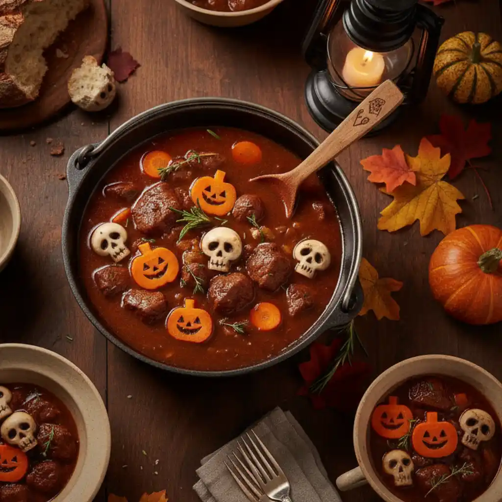 Amazing Witch's Cauldron Beef Stew Recipe 3 A top-down view of a rustic Halloween table setting featuring a large cauldron of Witch's Cauldron Beef Stew, with bowls of the stew, bread, and autumn decorations surrounding it.
